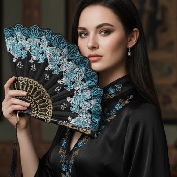 Quiet Luxury Boutique Accessories - ✨NEW Elegant Black and Blue Glitter Lace Hand Fan 🪭 9”